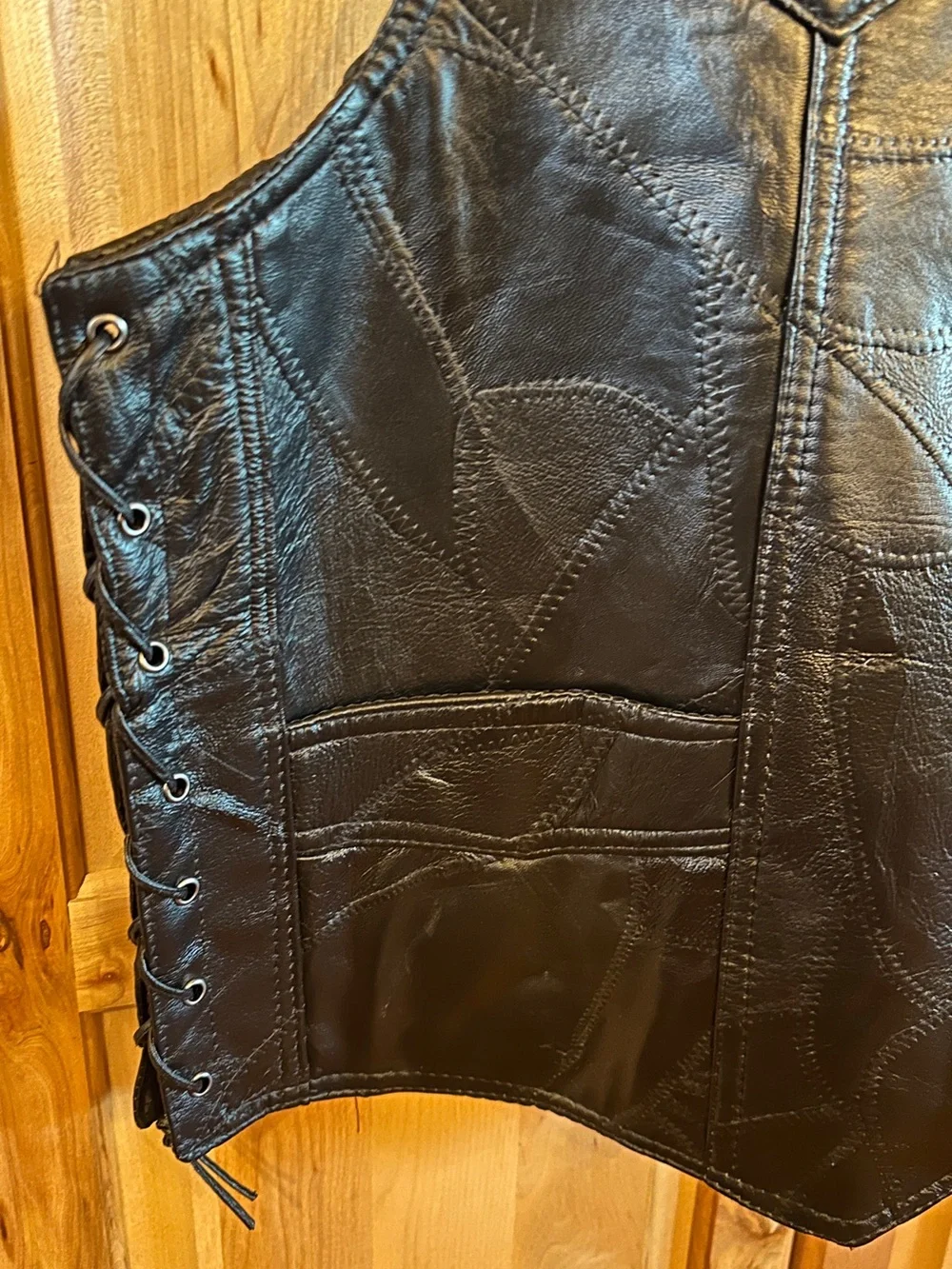 Rocky Ranch Hides Genuine Hog Leather Biker Vest featuring a patchwork design.